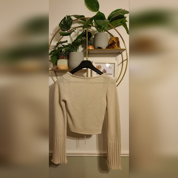 ASOS Cream Cinch Front Bell Sleeve Cropped Sweater - Picture 2 of 5